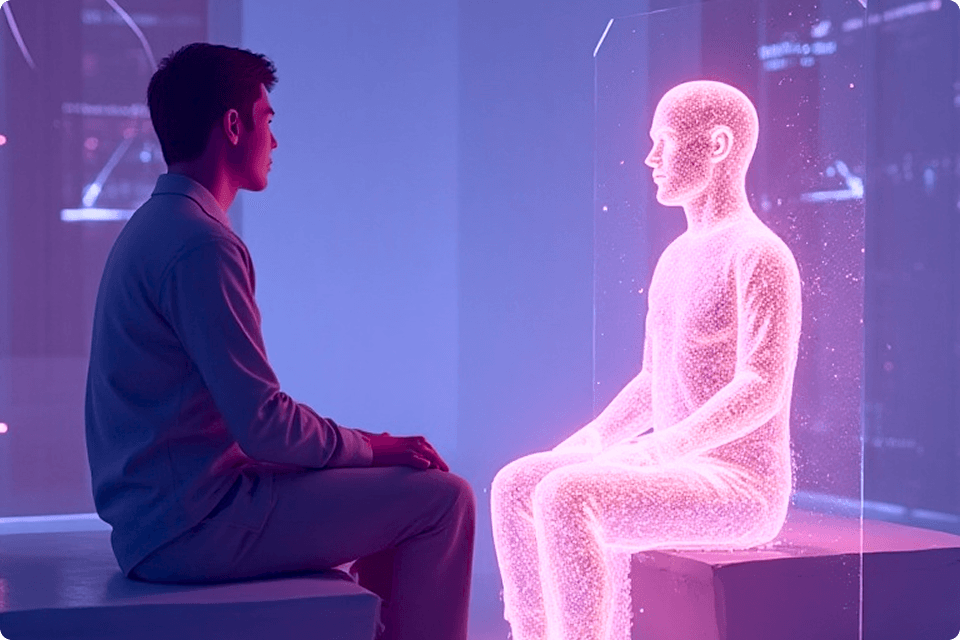 Person sitting across from a digital silhouette, representing honest reflection in a private space.