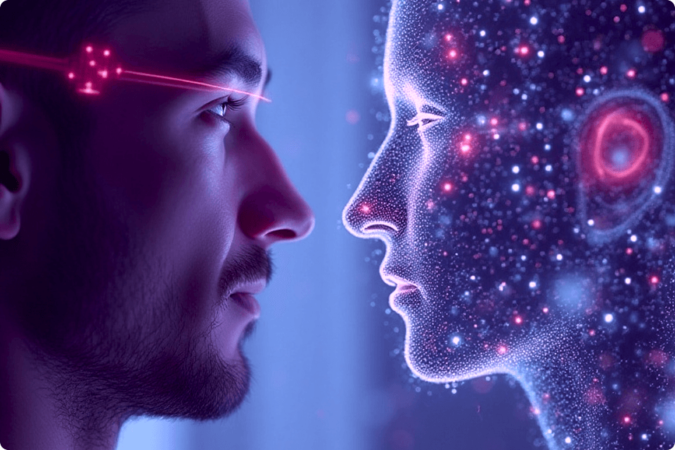 Profile of a person facing a digital face, symbolizing nonlinear healing and personal growth.