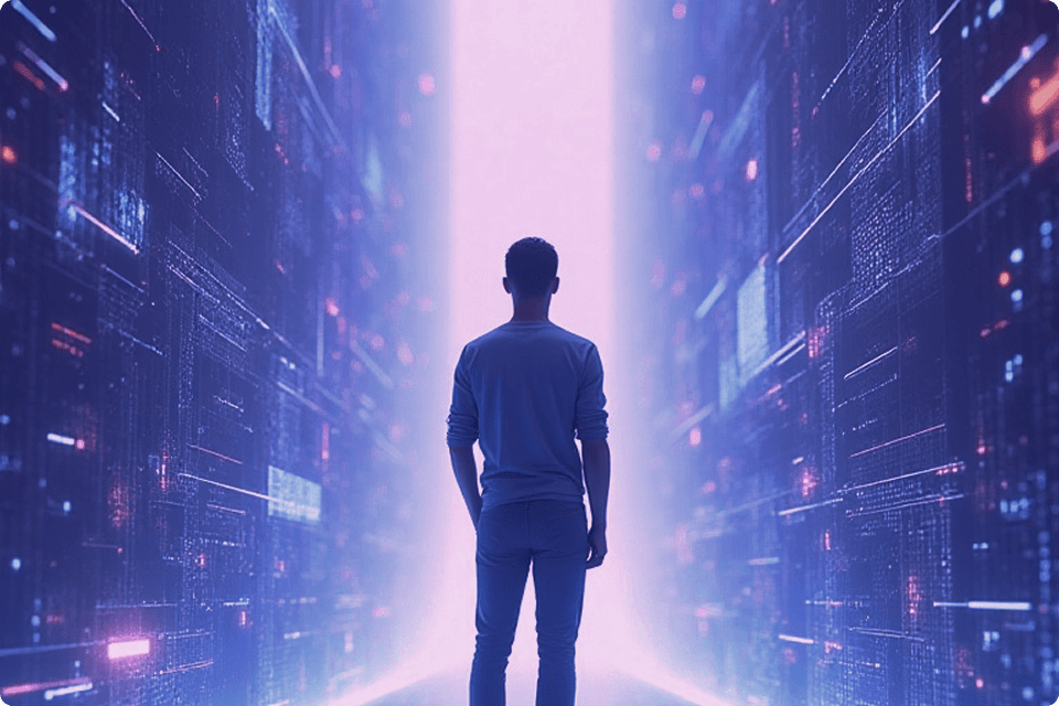 Silhouette of a person walking into a bright, digital future, representing transformation.